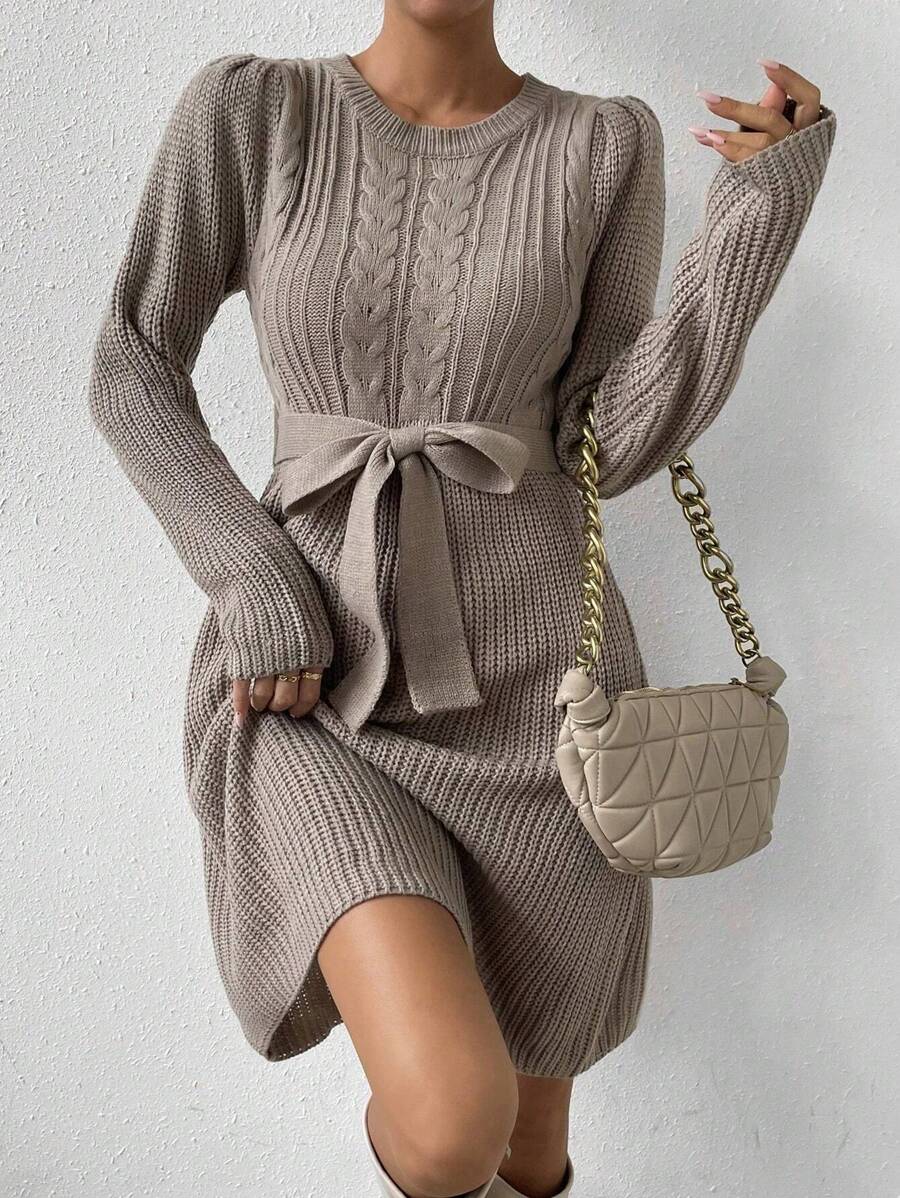 Chiquease Xoắn Dan Thắt lưng Đầm Áo len - Màu nâu Mocha - Xem 1