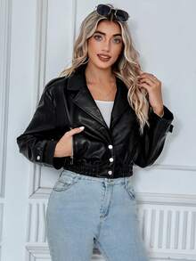 女式简约短款 PU 皮革机车夹克，秋冬 - 黑色 - 查看 4