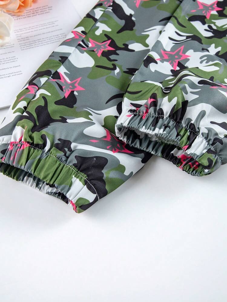 Tween Girl Letter Graphic Raglan Sleeve Tee & Camo Print Pants