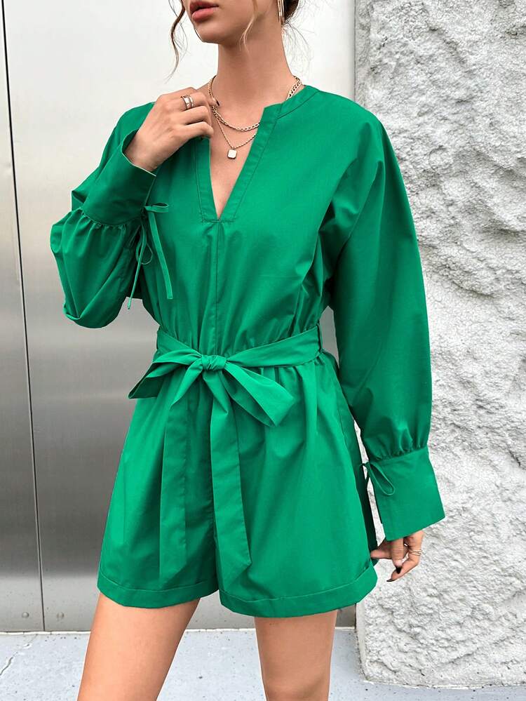 Notched Neckline Drop Shoulder Belted Romper