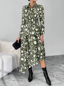 SHEIN Privé con estampado bajo asimétrico Blusa & Falda - Verde - Ver 5