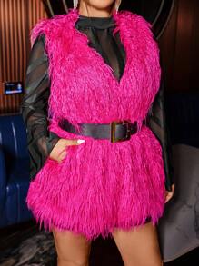 SHEIN BAE 大码女式无袖人造毛皮纯色冬季夹克 - 玫紅色 - 查看 8