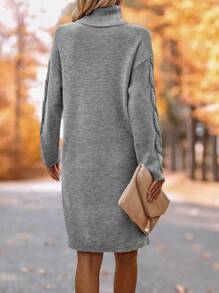 SHEIN LUNE Turtleneck Drop Shoulder Split Hem Sweater Dress - Light Grey - View 2