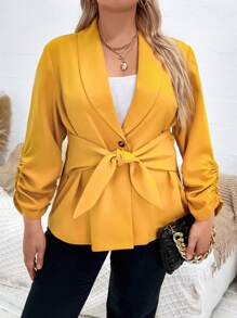 Calvaya 大碼青果領抽褶袖前繫帶西裝外套 - 黃色 - 查看 1