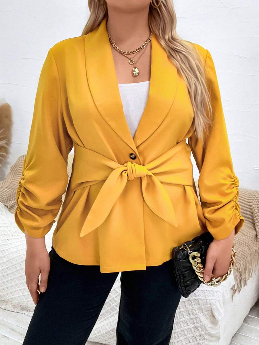 Calvaya 大碼青果領抽褶袖前繫帶西裝外套 - 黃色 - 查看 1