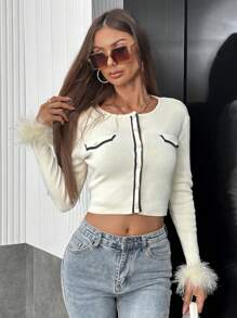 SHEIN Privé Fuzzy Cuff Contrast Trim Crop Cardigan - Multicolor - View 3