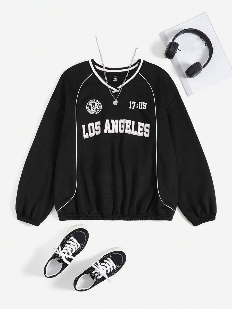 SHEIN EZwear Letter Graphic Contrast Piping Drop Shoulder Sweatshirt - Black - View 1