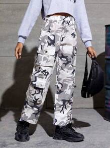 SHEIN 女大童迷彩印花側翻蓋口袋工裝褲 - 彩色 - 查看 4