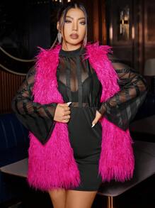 SHEIN BAE 大码女式无袖人造毛皮纯色冬季夹克 - 玫紅色 - 查看 6