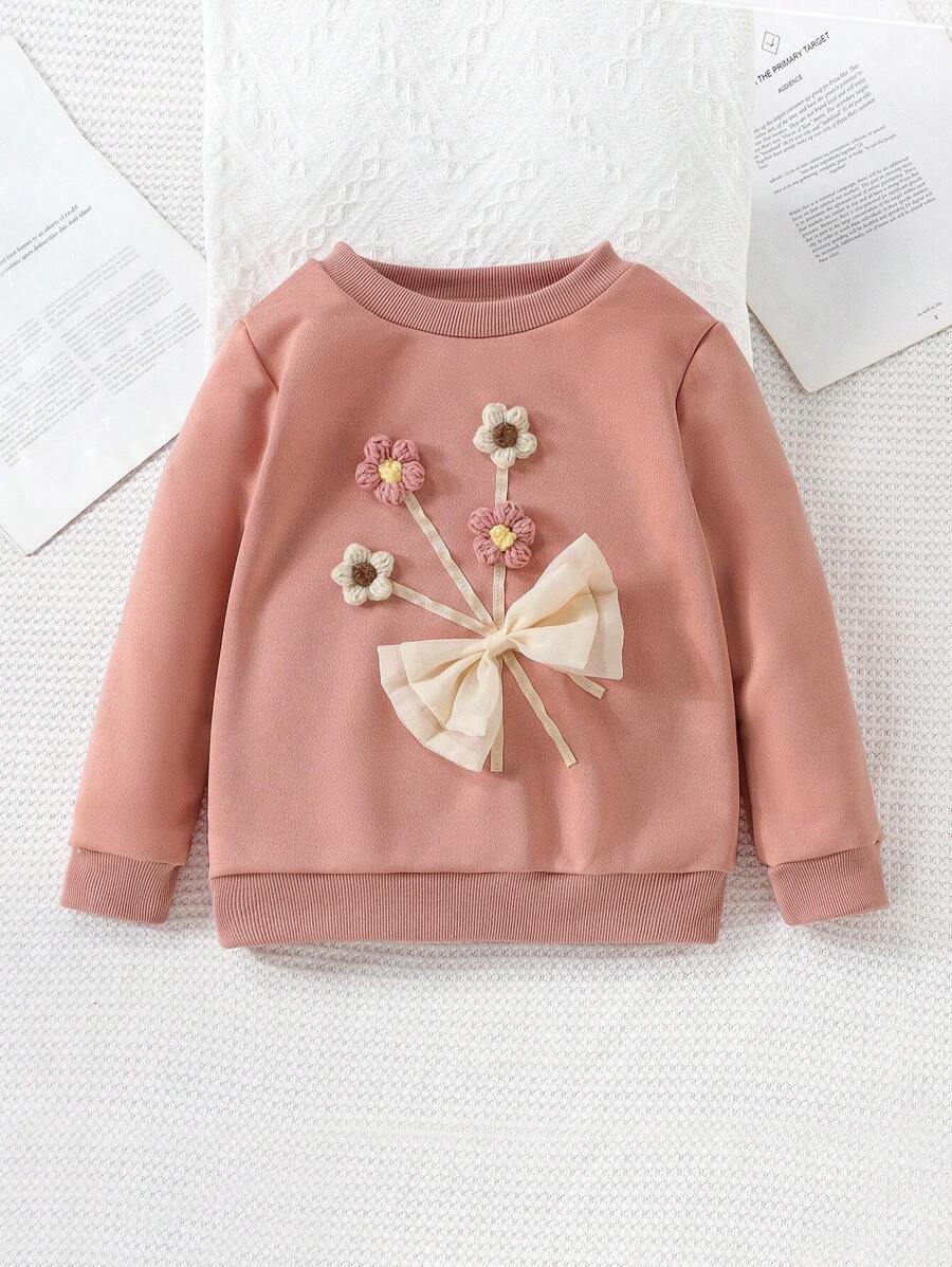 Young Girl Floral & Bow Decor Sweatshirt - Pink - View 1