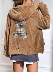 SHEIN EZwear Bear Embroidery Zip Up Hooded Teddy Jacket In Fall/Winter - Multicolor - View 4