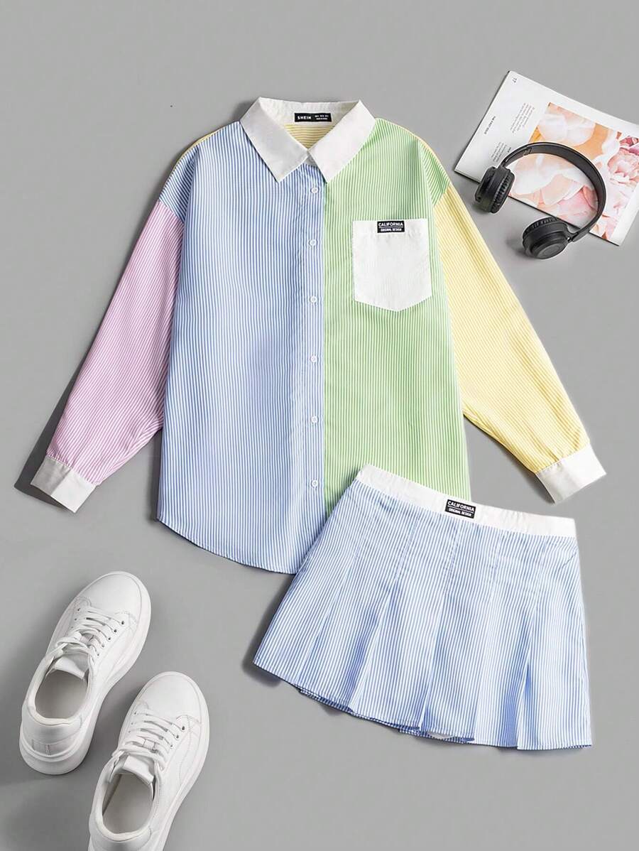 SHEIN EZwear 條紋印花撞色落肩袖襯衫&百褶半身裙不附吊帶上衣 - 彩色 - 查看 1