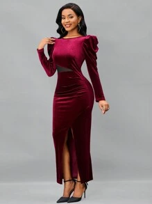 SHEIN Lady 羊腿袖高衩絲絨洋裝 - 酒紅色 - 查看 4