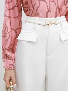 BizChic 高腰翻蓋細節闊腿褲 - 白色 - 查看 5