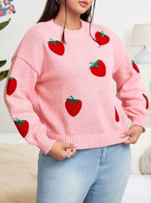 SHEIN Qutie Plus Strawberry Embroidery Drop Shoulder Sweater - Pink - View 3