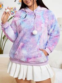 SHEIN EZwear Plus Size Tie Dye Kangaroo Pocket Drop Shoulder Drawstring Flannel Sweatshirt - Multicolor - View 3