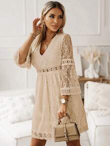 水溶蕾絲拼接荷葉袖洋裝 - 杏色 - 查看 4