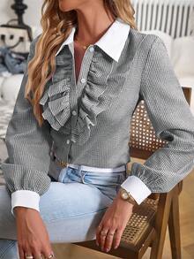 SHEIN Essnce Gingham Print Ruffle Trim Shirt - Black - View 5