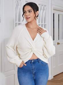 SHEIN Privé 加扭紋插肩袖短款毛衣 - 杏色 - 查看 1