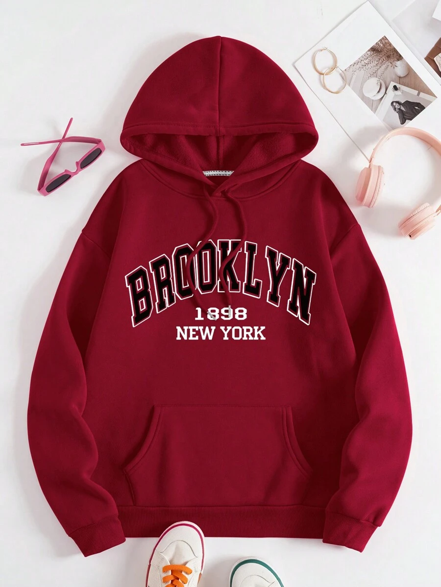 SHEIN EZwear 字母圖案袋鼠口袋抽繩保暖連帽衫 - 酒紅色 - 查看 1