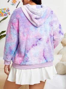SHEIN EZwear Plus Size Tie Dye Kangaroo Pocket Drop Shoulder Drawstring Flannel Sweatshirt - Multicolor - View 2