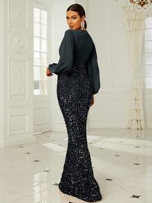 Missord Lantern Sleeve Sequin Formal Dress - Black - View 2