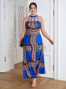 SHEIN Clasi 大碼幾何印花鏤空繞頸洋裝 - 藍色 - 查看 3