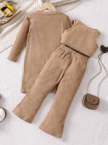 SHEIN Genkimix Kids 小女孩肋針針織背心&褲子&外套 - 卡其色 - 查看 2