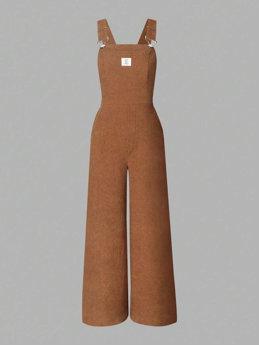 SHEIN 青少年女孩字母補丁細節背帶連身褲 - 棕色 - 查看 1