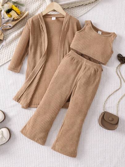 SHEIN Genkimix Kids Young Girl Ribbed Knit Tank Top & Pants & Coat