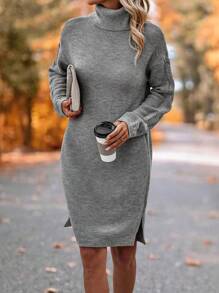 SHEIN LUNE Turtleneck Drop Shoulder Split Hem Sweater Dress - Light Grey - View 5