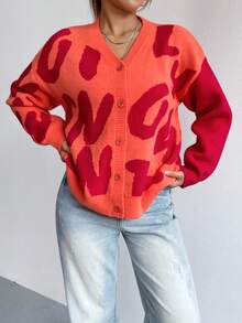 SHEIN Unity 字母圖案落肩袖開襟衫 - 珊瑚橙 - 查看 3