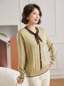 Contrast Trim Tie Neck Sweater - Green - View 3