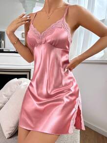 对比色蕾丝开叉大腿缎面吊带睡衣睡裙 - 藕粉色 - 查看 3