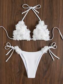 Zestiva Summer Beach Flower Appliques Halter Triangle Bra & Thong Botto2 Piecesce Bathing Suit - White - View 7