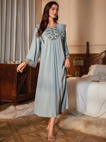 PalaceNights Floral Embroidery Ruffle Trim Pajama Nightdress Long Dress Luxe Loungewear, Moo Moo, Fall, Winter - Green - View 4