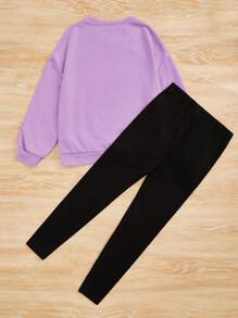 SHEIN Leap Crew 女大童卡通圖案套頭衫&緊身打底褲 - 紫色 - 查看 2
