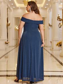 SHEIN Belle Plus Off Shoulder Ruched Glitter Dress - Navy Blue - View 2