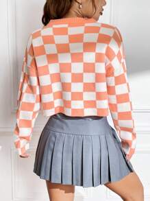 SHEIN EZwear Suéter con hombros caídos y estampado de cuadros - Naranja - Ver 2