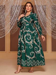 YISIKADO Plus Baroque Print Flare Sleeve Lace Up Front Dress - Multicolor - View 3