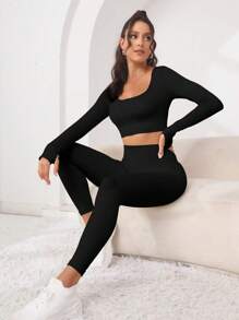 SHEIN Sport Studio Solid Thumbholes Crop Sports Tee & Crop Sports Tee & Leggings Workout Dames Setvrouwen Workout Set Vrouwen Leggings Set
