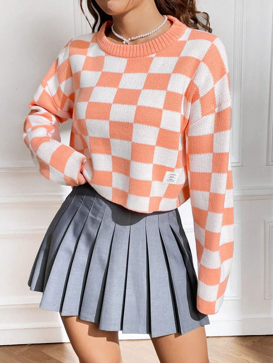 SHEIN EZwear Suéter con hombros caídos y estampado de cuadros - Naranja - Ver 1