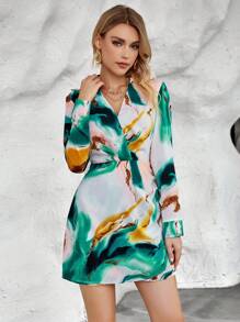 SHEIN Privé 圖案印花交疊領洋裝 - 彩色 - 查看 4