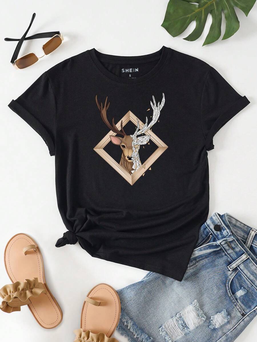 SHEIN LUNE Camiseta ciervo con con estampado geométrico - Negro - Ver 1