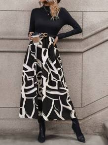 SHEIN Clasi Graphic Print Mock Neck Dress Without Belt - Black - View 4