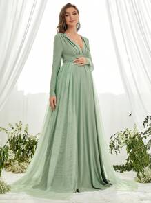 Faeriesty Dressalisa Elegant Maternity Gown With Deep V-Neckline & Long Sleeves - Flowing Tulle Side Panels & Waist-Defining Silhouette For Baby Showers (Formal Events, Wedding Guest Dresses, Church Ceremonies, Luxury Brunch Attire, Maternity Photoshoots)