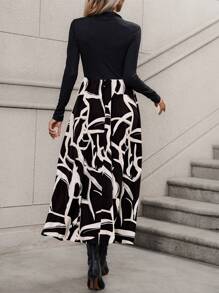 SHEIN Clasi Graphic Print Mock Neck Dress Without Belt - Black - View 2