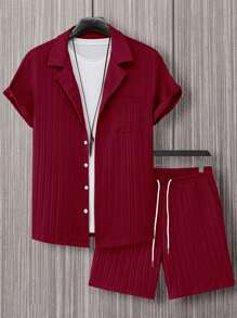 Manfinity Homme 男士素色前排扣襯衫&短褲 - 酒紅色 - 查看 3