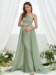 Faeriesty Dressalisa Luxury One-Shoulder Maternity Gown& Babyshower Dresseswith Asymmetrical Side Sash & Mermaid Train – Formal Baby Showers, Pregnancy Galas, Evening Receptions, Bridal Shower Celebrations, High-Fashion Photo Shoots - Green - View 7