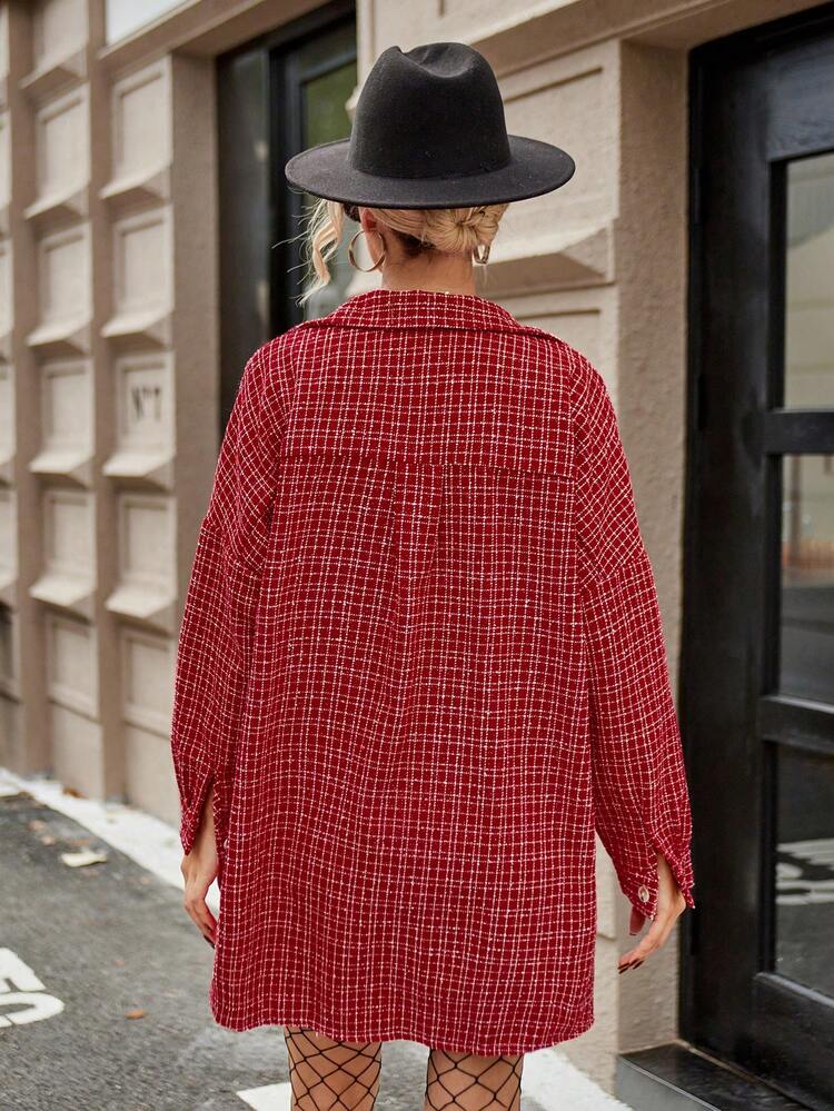 Plaid Pattern Drop Shoulder Overcoat Fall Cloth For Women